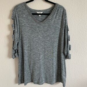 Terra & Sky 1X Plus Size Cutout 3/4 Sleeve Studded V-Neck Top Gray